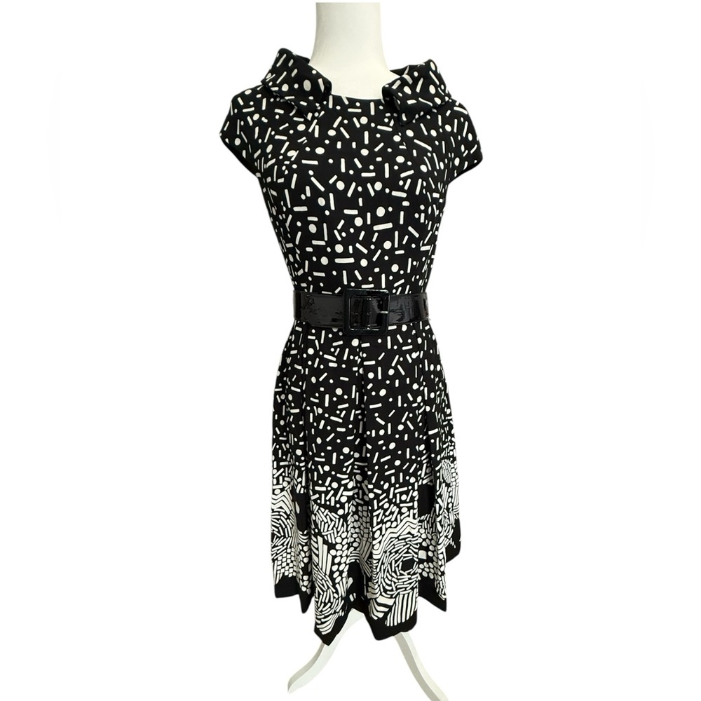 JAX Black White Graphic Polka Dot Fit & Flare Dress Belted Retro Cocktail DressS